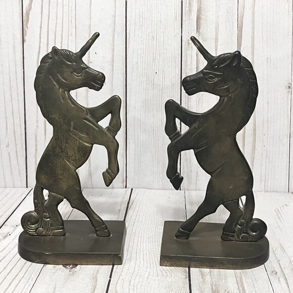Vintage Pair of Solid Brass Unicorn Bookends Magic Horses 7.5”
